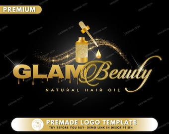 Hair Oil Logo, DIY Logo Design Template, Hair Growth Logo, Hair Serum Logo, Honey Beauty Logo, Gold Glam Glitter Logo, Premade Logo Design