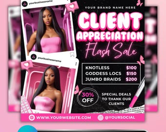 Modèle de Flyer d'appréciation du client, Flyer de vente flash de cheveux, Flyer de promotion de la liste de prix des tresses modifiables, Flyer d'offres de salon de beauté pour coiffeur