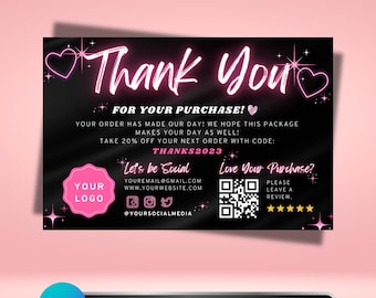 Thank You Card, DIY Marketing Cards Template Design, Neon Hair Business Cards, Lash Thank you Cards, Thank You For Order Packaging Insert