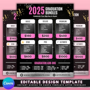 Pacote de panfleto de formatura, design de modelo de panfleto faça você mesmo, pacotes de formatura 2025, panfleto de marketing de formatura, lista de preços de pacotes de artesãos pré-fabricados