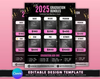 Folleto de paquete de graduación, diseño de plantilla de folleto para hacer tú mismo, paquetes de graduación 2025, folleto de marketing de graduación, lista de precios de paquetes prediseñados para artesanos