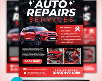 Auto Repairs Services Flyer, DIY Flyer Template Design, Auto Detailing Flyer, Automotive Business, Premade Mechanic Shop Car Repair Flyer