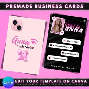 Instagram QR-code visitekaartjes, DIY Canva digitaal visitekaartje sjabloonontwerp, roze en zwarte visitekaartjes, kant-en-klare kaarten wimperkunstenaar