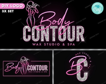May include: A set of three logo designs for a wax studio and spa. The logos feature the text "Body Contour Wax Studio & Spa" in pink and silver glitter. One logo also includes a stylized outline of a woman's body.