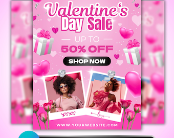 Valentine's Day Sale Flyer: Pink Heart Promotion, Small Business Special, Retail Discount, Canva Template