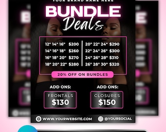 Hair Bundle Deals Flyer: Wig Vendor Price List, Hair Extension Promo Canva Template