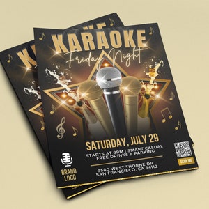 K&ouml;nnte beinhalten: Ein schwarzer und goldener Flyer mit einem Mikrofon und einem Sternendesign. Der Text lautet "Karaoke Freitag Nacht" und "Samstag, 29. Juli".