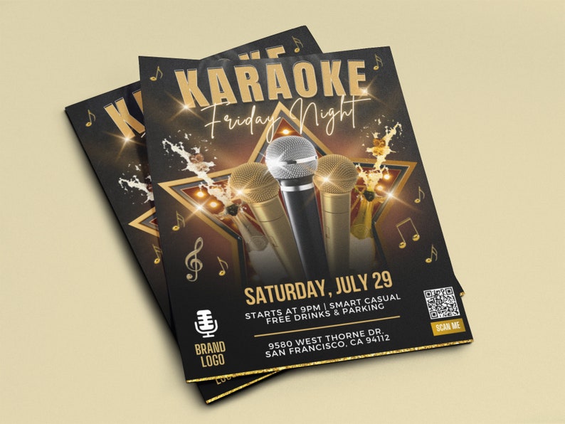 K&ouml;nnte beinhalten: Ein schwarzer und goldener Flyer mit einem Mikrofon und einem Sternendesign. Der Text lautet "Karaoke Freitag Nacht" und "Samstag, 29. Juli".