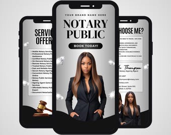 May include: A premade animated template for a notary public service, displayed on three smartphones. The central phone features a woman in a black suit, with the text "NOTARY PUBLIC" and "BOOK TODAY!". Other phones display service details.