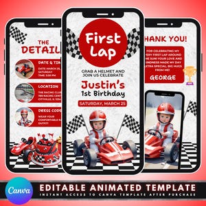 以下が含まれることがあります： レースカーをテーマにした1歳の誕生日パーティー用の編集可能なアニメーションテンプレート。テンプレートには、赤、白、黒の市松模様の旗の背景に、赤いレーシングカーとレーシングスーツを着た男の子が描かれています。「First Lap」というテキストは、白い輪郭のある赤い円の中にあります。「Justin's 1st Birthday」というテキストは、白い輪郭のある赤い長方形の中にあります。「Saturday, March 25」というテキストは黒文字で書かれています。「Thank You!」というテキストは、白い輪郭のある赤い長方形の中にあります。「George」というテキストは黒文字で書かれています。「The Detail」というテキストは、白い輪郭のある赤い長方形の中にあります。「Date & Time」というテキストは黒文字で書かれています。「Location」というテキストは黒文字で書かれています。「Dress Code」というテキストは黒文字で書かれています。