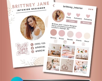 May include: A business card and Instagram profile template for an interior designer. The business card features a photo, contact info, and the text "BRITTNEY JANE INTERIOR DESIGNER." The Instagram profile displays photos of interior design projects and the text "EDITABLE TEMPLATE ON CANVA."