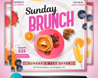 Sonntagsbrunch Flyer: Brunch-Party-Einladung, Restaurant-Event-Werbedesign, bearbeitbare Food-Canva-Vorlage
