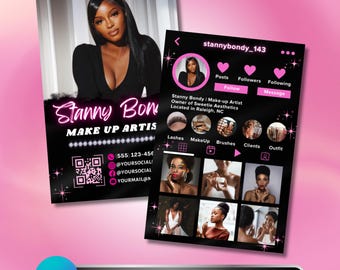 Instagram Business Cards, DIY Canva Template Design, Black And Pink Lash Card, Make Up Artist Salon Cards, Premade Lash Beauty Business Card