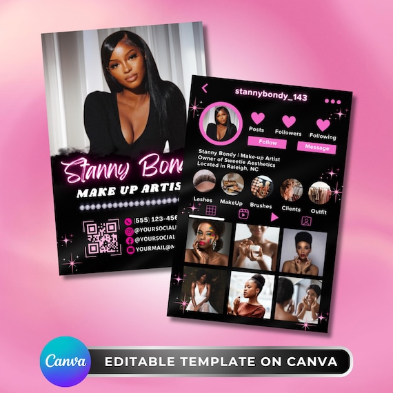 Instagram Business Cards, DIY Canva Template Design, Black And Pink Lash Card, Make Up Artist Salon Cards, Premade Lash Beauty Business Card