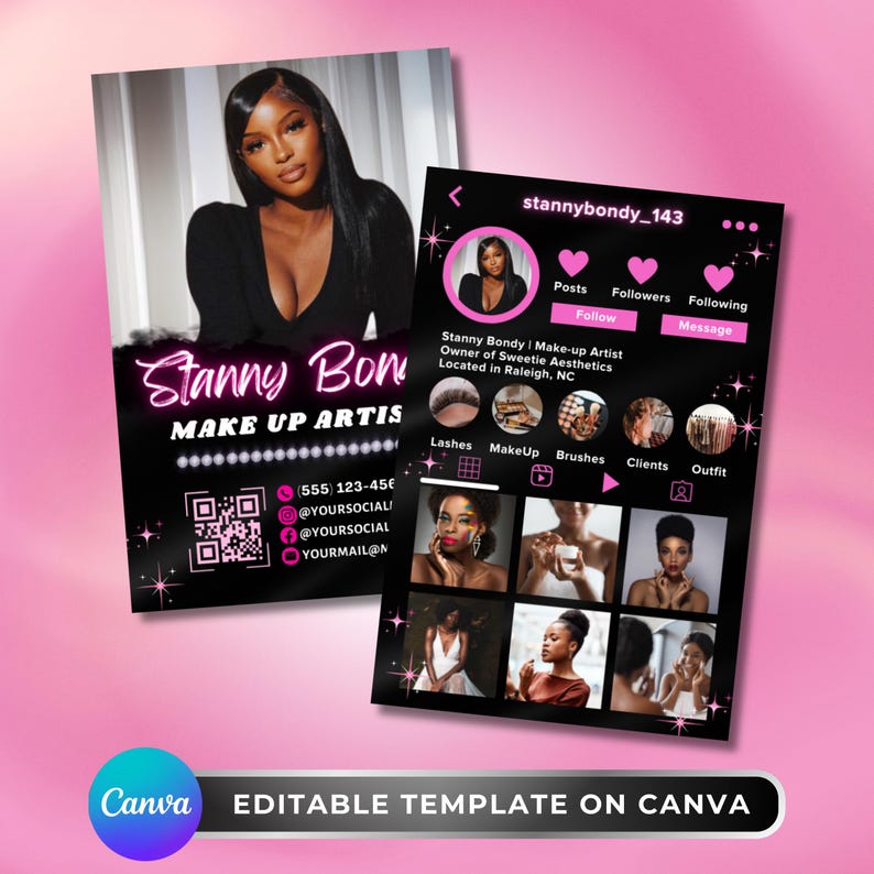 Instagram Business Cards, DIY Canva Template Design, Black And Pink Lash Card, Make Up Artist Salon Cards, Premade Lash Beauty Business Card image 1
