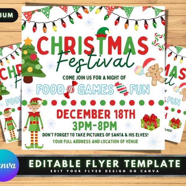 Christmas Festival Flyer, DIY Flyer Template Design, Christmas Party Invitation, Xmas Winter Holiday Season Flyer, Premade School Flyer