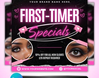 New Client Specials Flyer: Lash, Nail, Hair MUA First Time Promo, Canva Template Design