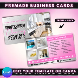 Cartões de visita para serviços de limpeza rosa, design de modelo Canva faça você mesmo, cartões de limpeza doméstica, cartão de limpeza profissional, cartão de limpeza doméstica pré-fabricado