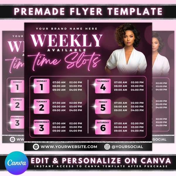 Weekly Availability Flyer, DIY Flyer Template Design, Weekly Available Booking Flyer, Time Slots Flyer, Premade Appointment Calendar Flyer