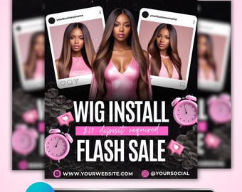 Wig Install Flash Sale Flyer: Hair Special Deal Social Media Promo Post, Canva Template