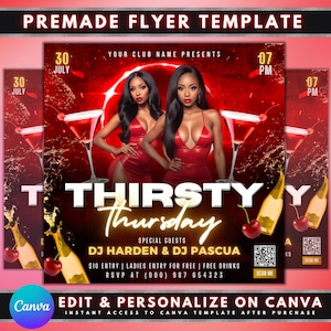 Thirsty Thursday Party Flyer, DIY Flyer Template Design, Ladies Night DJ Event Flyer, Premade Promotional Night Club Cocktail Party Flyer