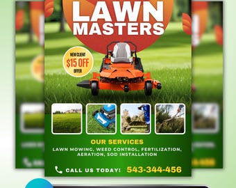 Lawn Care Flyer: Lawn Mowing, Landscaping, Yard Maintenance Business Marketing Promotion, Professional Printable Editable Canva Template