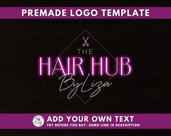 Puede incluir: Una plantilla de logotipo prefabricada para una peluquería, con el texto "The Hair Hub By Liza" en una fuente moderna, con un diseño en forma de diamante y un icono de tijeras. El diseño es de color rosa brillante sobre un fondo oscuro.
