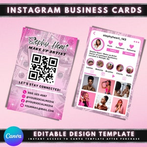 Instagram QR Code Visitenkarten, DIY Canva Digital Visitenkarten Template Design, IG Influencer Karten, rosa Visitenkarten, vorgefertigte Karten