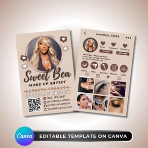 May include: Two-sided business card design for a makeup artist. The front features a headshot, the text "Sweet Bea, Make Up Artist," and contact information. The back mimics an Instagram profile with photos and icons. The bottom has the text "EDITABLE TEMPLATE ON CANVA."