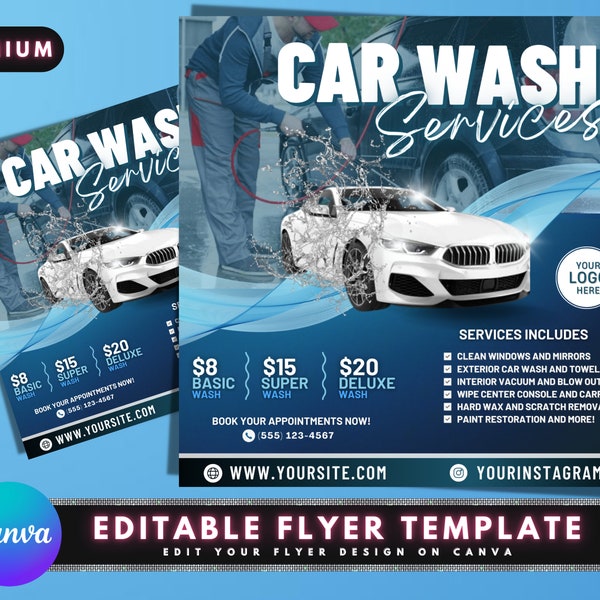 Dépliant de lavage de voiture, Modèle de flyer DIY, Dépliant d'esthétique automobile, Dépliant de services automobiles, Dépliant de médias sociaux, Conception de flyer d'entreprise prédéfinie