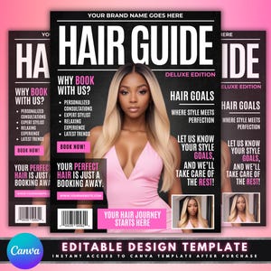 Pode incluir: Uma capa de revista rosa e preta com o título "Hair Guide Deluxe Edition". A capa apresenta uma mulher com cabelo comprido e liso e uma blusa rosa. O texto na capa inclui "Why Book With Us?" e "Hair Goals".