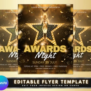Może przedstawiać: Złoty i czarny szablon ulotki na wieczór wręczenia nagród. Ulotka przedstawia dużą złotą gwiazdę z pozłacaną statuetką na szczycie. Tekst "Wieczór wręczenia nagród" jest dużymi, pogrubionymi literami. Wydarzenie zaplanowano na niedzielę, 23 lipca.