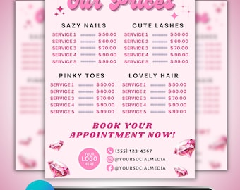Nail Price List Flyer: Retro Pink Beauty, Lash, Hair & Pedicure Services Menu, Canva Template