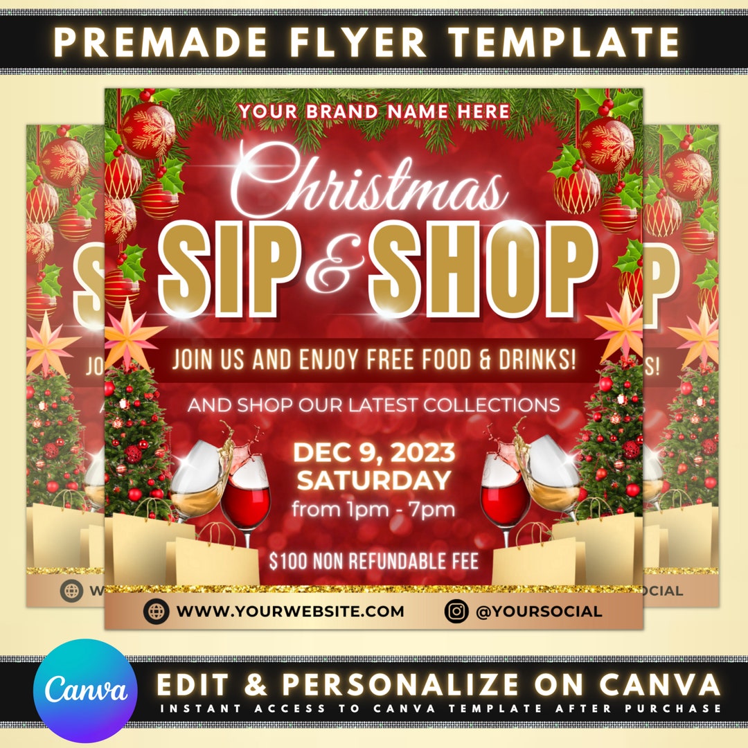 Christmas Sip and Shop Flyer, DIY Flyer Template Design, Holiday Pop up ...