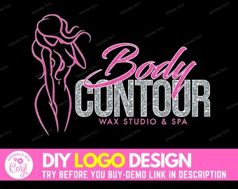 May include: A pink and silver logo design for a business called "Body Contour Wax Studio & Spa". The logo features a stylized female figure and the text "Body Contour" in a glittery font.