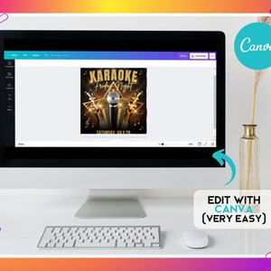 K&ouml;nnte beinhalten: Ein Computerbildschirm zeigt eine Canva-Designvorlage f&uuml;r eine Karaoke-Veranstaltung. Das Design hat einen schwarzen Hintergrund mit goldenen Akzenten, drei Mikrofone und den Text "Karaoke Friday Night" und "Saturday July 29".