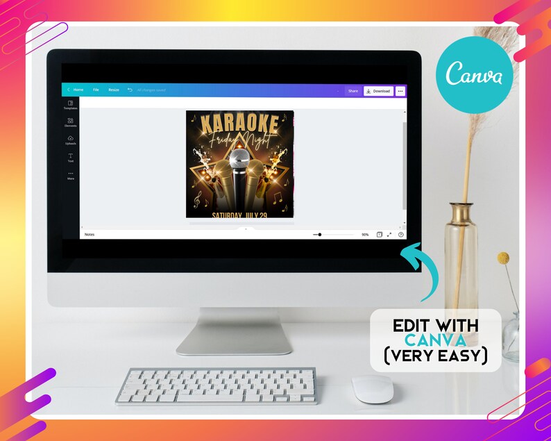 K&ouml;nnte beinhalten: Ein Computerbildschirm zeigt eine Canva-Designvorlage f&uuml;r eine Karaoke-Veranstaltung. Das Design hat einen schwarzen Hintergrund mit goldenen Akzenten, drei Mikrofone und den Text "Karaoke Friday Night" und "Saturday July 29".
