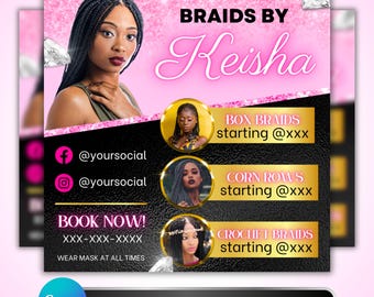 Braids Price List Flyer: Hair Braider Booking Promotion, Beauty Salon Marketing Canva Template Digital