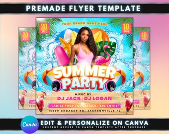 May include: A flyer for a summer party featuring a pink flamingo, beach balls, and a woman wearing a pink top. The flyer reads "Summer Party" with the text "Music by DJ Jack | DJ Logan" and "Ladies Free | Cocktails | £10 Entry". The flyer also includes the address "15600 Croaker Rd. Jacksonville FL" and the date "20 Jul" and time "10 PM".