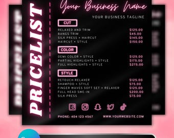 Hair Salon Price List Flyer, Editable Template, Hairstylist Nail Lash Wig Pricelist, Beauty Menu