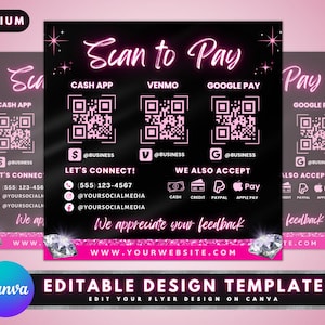 Puede incluir: Folleto negro y rosa con el texto "Scan to Pay" y códigos QR para Cash App, Venmo y Google Pay. El folleto también incluye el texto "Let's Connect!" con un número de teléfono y nombres de usuario de redes sociales. El folleto también incluye el texto "We appreciate your feedback" y una dirección de sitio web.