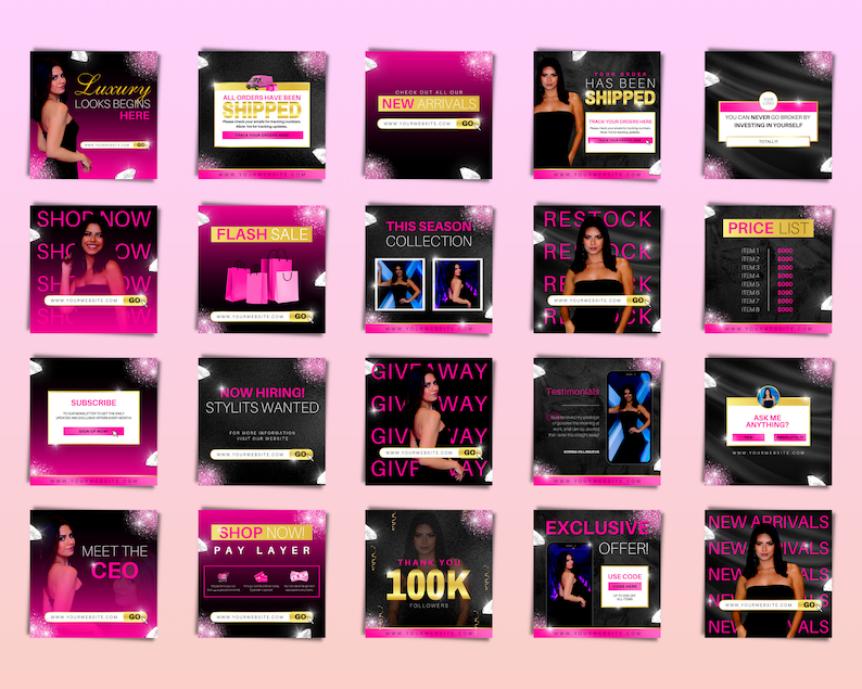 May include: A set of 20 social media post templates designed for an online fashion retailer. The templates feature a black background with pink accents and text overlays. The text includes phrases such as "Shop Now", "New Arrivals", "Give Away", and "Exclusive Offer".