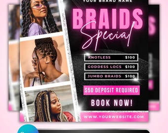 Può includere: Un volantino promozionale per servizi di trecce. Il design presenta tre immagini di donne con diverse acconciature a treccia. Il testo include "BRAIDS Special" in rosa, tipi di servizi e un invito all'azione per prenotare.