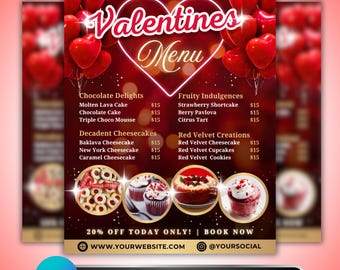 Valentine's Menu Flyer: Bakery, Dessert & Sweet Treats Promotion, Restaurant Special Offer, Editable Canva Template