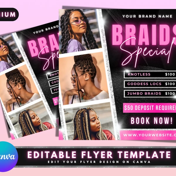 Braids Specials Flyer, DIY Flyer Template Design, Braids Appointment Flyer, Book Now Braids Flyer, Braids Sale Flyer, Premade Instagram Post