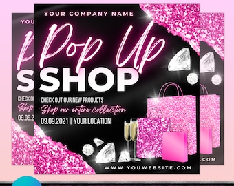 Folleto para evento Pop Up Shop, plantilla de folleto DIY, folleto "Compra ahora", folleto "Compra y bebe", folleto para redes sociales, folleto prediseñado para negocios locales