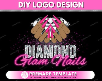 May include: A logo design template featuring a diamond with pink glitter and a hand with pink acrylic nails. The text "DIAMOND Glam Nails" is in silver glitter with a pink outline. The text "PREMADE TEMPLATE" is in pink with a white outline. The text "TRY BEFORE YOU BUY - DEMO LINK IN DESCRIPTION" is in black.