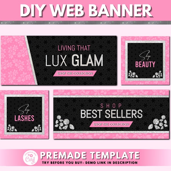 Web Banner, Web Banner Template, DIY Lashes Web Banner Design, Beauty Boutique Glitter Glam Web Banner, Business Site Banner Design
