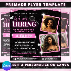 Puede incluir: Plantilla de folleto rosa y negro con fondo brillante. El folleto dice "Estamos contratando" y busca un estilista con licencia. El folleto incluye un sitio web y una cuenta de redes sociales.