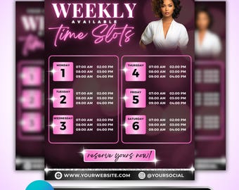 Weekly Time Slots Flyer, DIY Flyer Template Design, Weekly Availability Booking Flyer, Premade Weekly Appointment Scheduling Flyer Template
